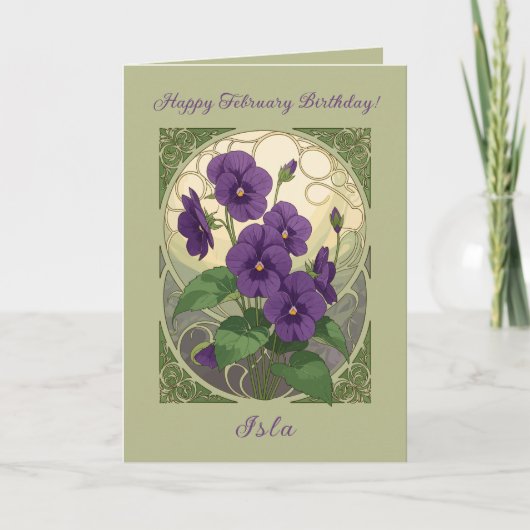 February Birthday Viola Flowers Art Nouveau Style Karte (Vorderseite)