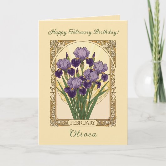 February Irises Birth Flower Art Nouveau Style Karte (Vorderseite)