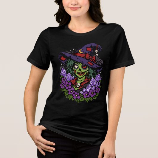 February Zombie Witch with Gems and Flowers Tri-Blend Shirt (Vorderseite)