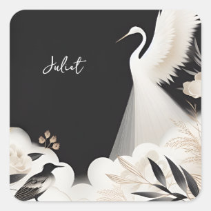 Feder Asiatischer Himmel Wolken Kranich Spaß Braut Quadratischer Aufkleber