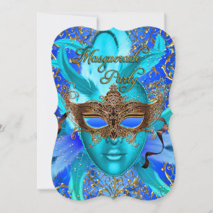Feder Blau & Gold Masken Maskenball Einladung