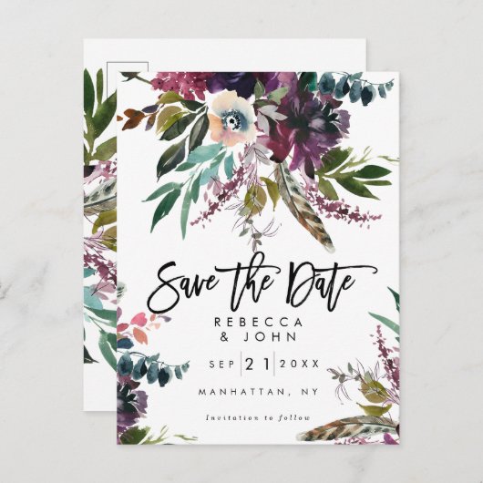 Feder boho mit Blumen Save the Date wedding Karte (Vorne/Hinten)