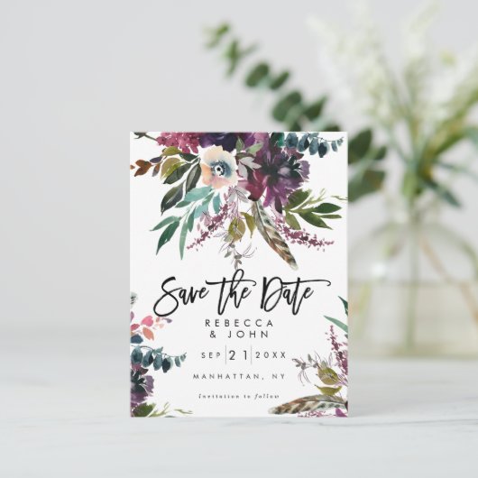 Feder boho mit Blumen Save the Date wedding Karte (Stehend Vorderseite)