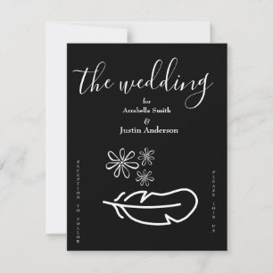Feder Floral Schwarz-Weiß Hochzeitseinladung Einladung