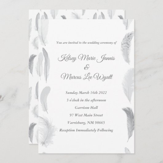 Feder-Hochzeits-Einladungs-Weiß und Grau Einladung (Vorne/Hinten)