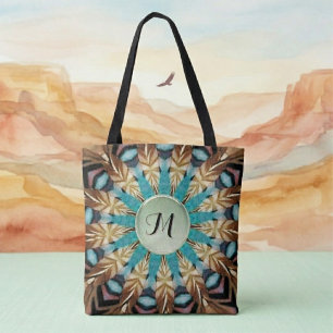 Feder-Teal, braun, blau und grüne Mandala-Tasche Tasche