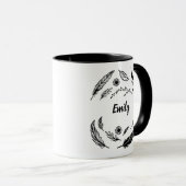 Feder, Vogel und Blätter Linienkunst Benutzerdefin Tasse (VorderseiteRechts)