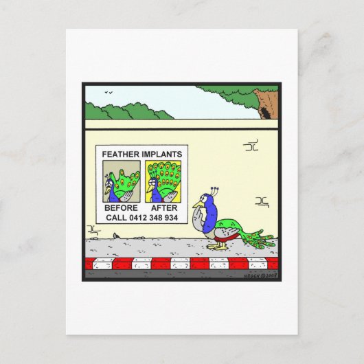 Federimplantate: Peacock-Cartoon Postkarte (Vorderseite)