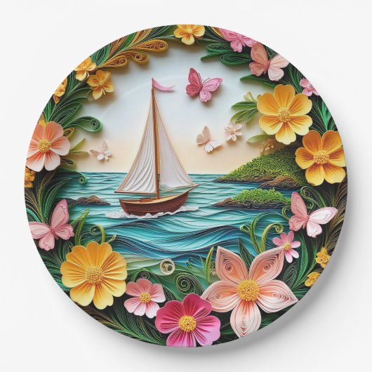 Federkunst-Naturszene mit Segelboot Pappteller (Vorderseite)