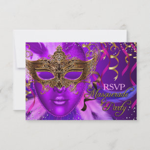 Federmaske Lila & Gold Maskenball RSVP Karte