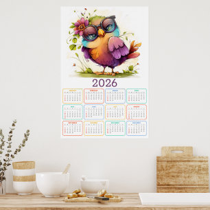 Federn & Blumen: 2026 Eulen-Kalender Poster