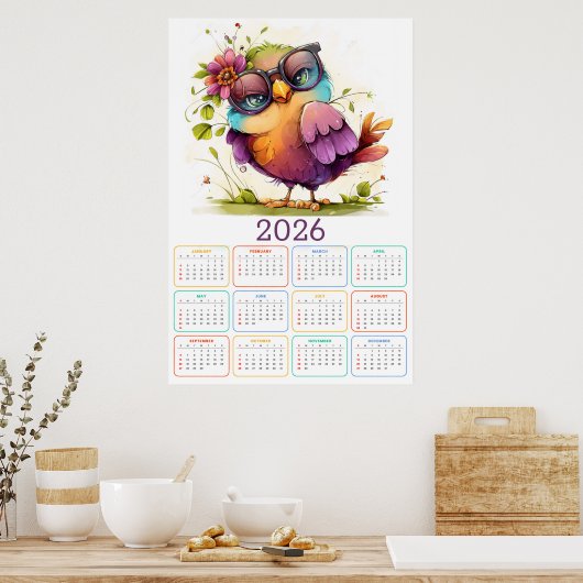 Federn & Blumen: 2026 Eulen-Kalender Poster (Küche)