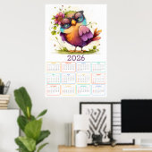 Federn & Blumen: 2026 Eulen-Kalender Poster (Heimbüro)