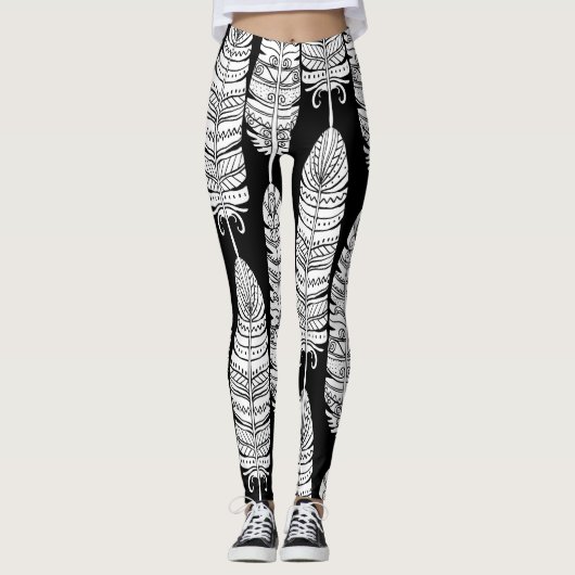 Federn Boho: Schwarz-Weiß-Muster Leggings (Vorderseite)