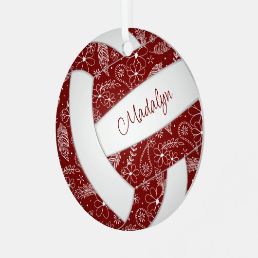 Federn doodle Muster Maroon weißen Volleyball Ornament Aus Metall (Vorderseite links)