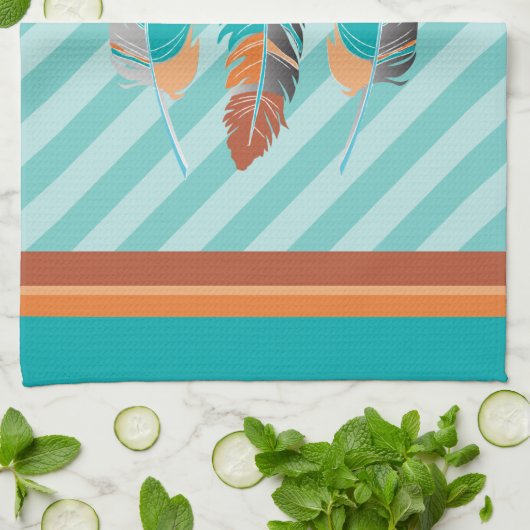 Federn in Aquamarinen Streifen und Wüstenfarbe Geschirrtuch (Gefaltet)