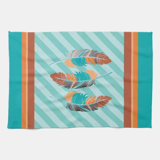 Federn in Aquamarinen Streifen und Wüstenfarbe Geschirrtuch (Horizontal)