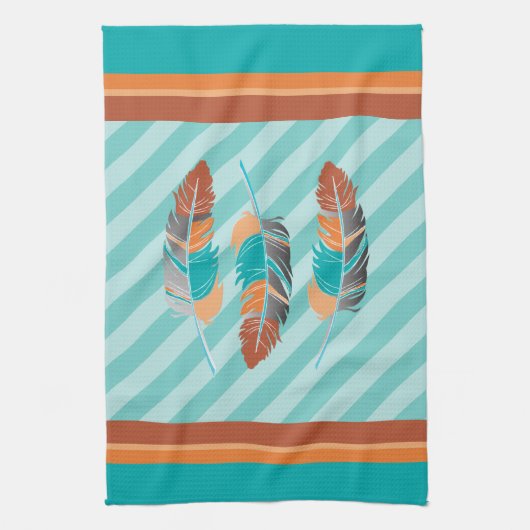 Federn in Aquamarinen Streifen und Wüstenfarbe Geschirrtuch (Vertikal)