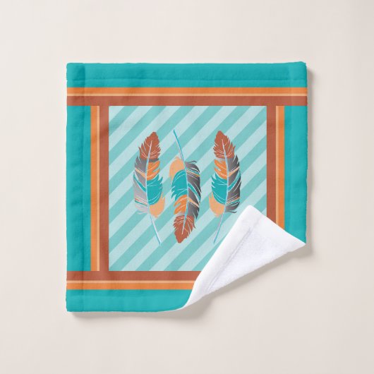 Federn in Aquamarinen Streifen und Wüstenfarben. Badhandtuch Set (Waschlappen)