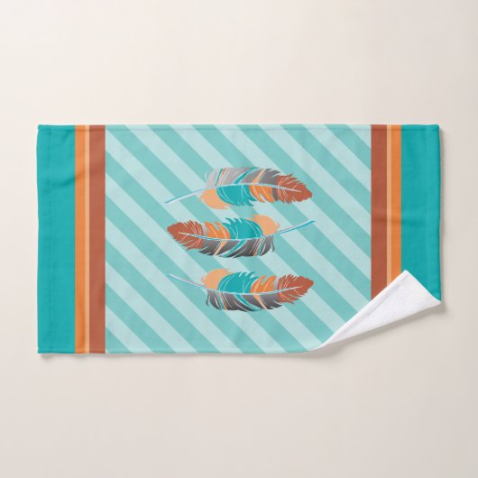 Federn in Aquamarinen Streifen und Wüstenfarben. Badhandtuch Set (Handtuch)
