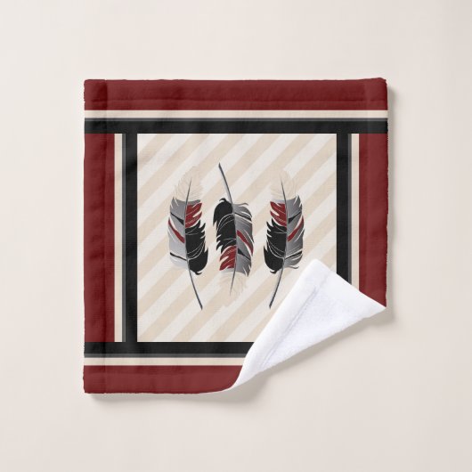 Federn in Cream, Maroon und Schwarz Badhandtuch Set (Waschlappen)