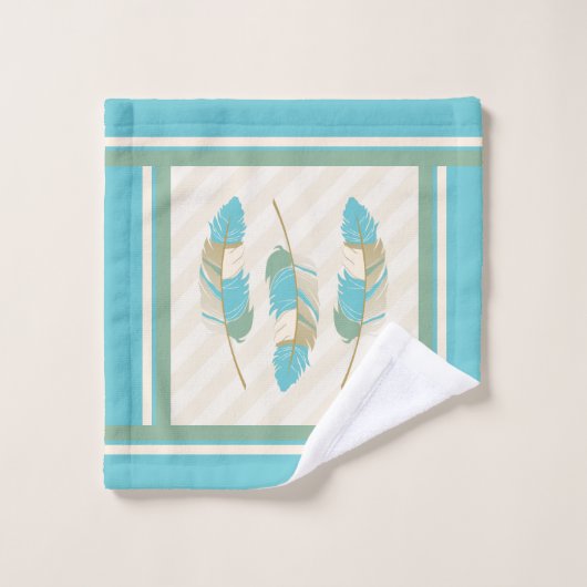 Federn in Creme, Aquamarin und Grün Badhandtuch Set (Waschlappen)