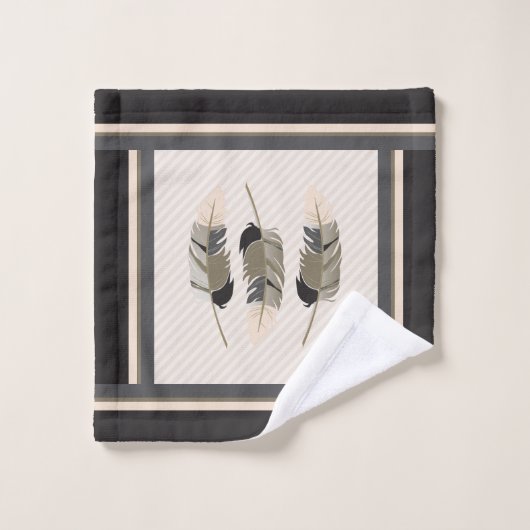 Federn in Creme, Grau und Schwarz Badhandtuch Set (Waschlappen)