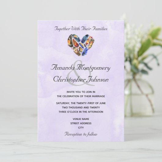 Federn in Herzform Hochzeit Einladung (Stehend Vorderseite)