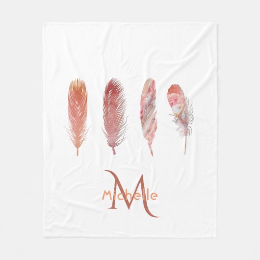 Federn in Rosa und Korallen auf mit Monogramm Fleecedecke (Vorderseite)