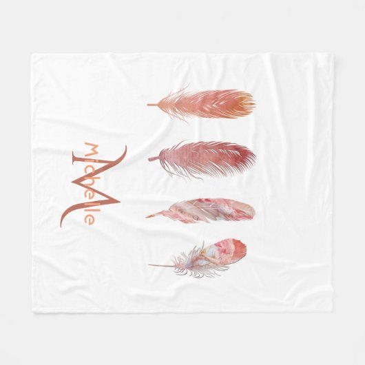 Federn in Rosa und Korallen auf mit Monogramm Fleecedecke (Vorderseite (Horizontal))