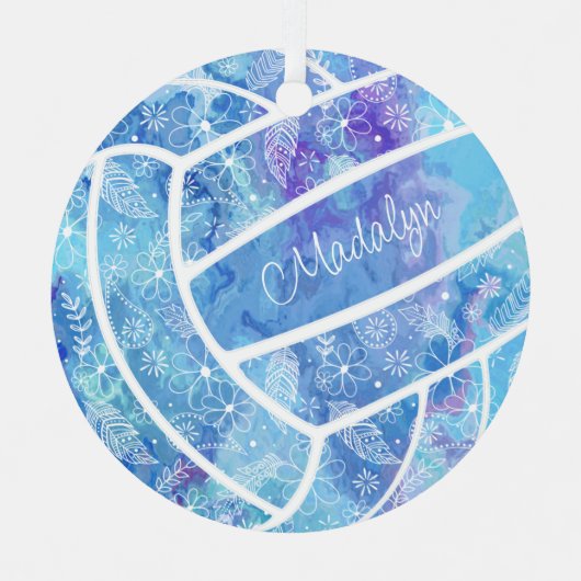 Federn Paisle bläuliche Muster blaue Volleyball Ornament Aus Metall (Vorderseite)