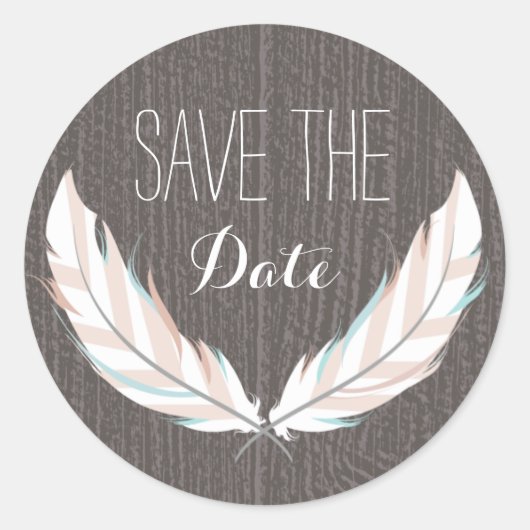 Federn + Scheunen-Holz-Save the Date Aufkleber (Vorderseite)