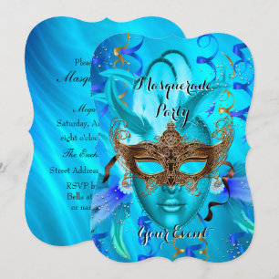 Federn Teal Gold Masken Maskenball Einladung