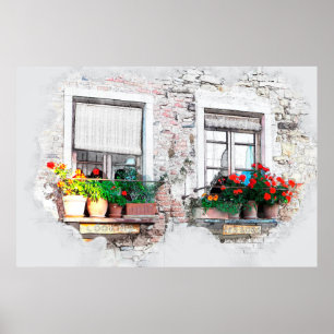 Federskizze der Blumen auf Fenster Sills Poster