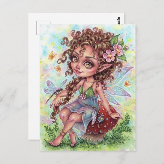 Fee Darling Postcard Fairy Mushroom Dragonfly Postkarte (Vorne/Hinten)