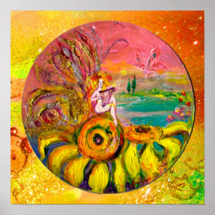 Fee der Sonnenblumen gelb orange rosa funkeln Poster