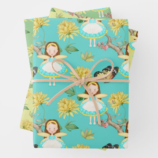 Fee in blauem Kleid Geschenkpapier Set (Beispiel)