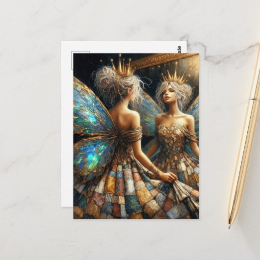 Fee in einem gepolsterten Kleid sieht in Spiegel a Postkarte (Vorderseite/Rückseite Beispiel)