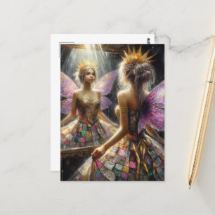 Fee in einem gepolsterten Kleid sieht in Spiegelbi Postkarte