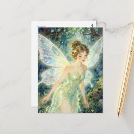 Fee in einem grünen Kleid Postkarte (Vorderseite/Rückseite Beispiel)