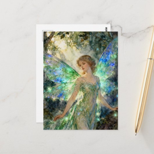 Fee in einem grünen Kleid Postkarte (Vorderseite/Rückseite Beispiel)