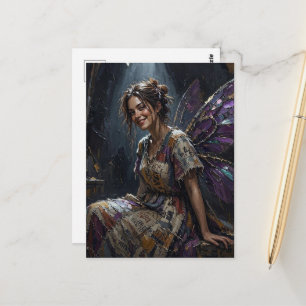 Fee in einem Kleid aus farbenfrohen recycelten Lum Postkarte