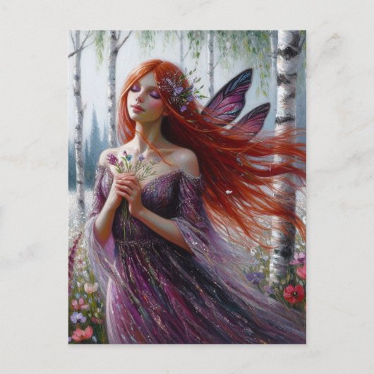 Fee in einem lila Kleid im Birch-Frühlingswald Postkarte (Vorderseite)