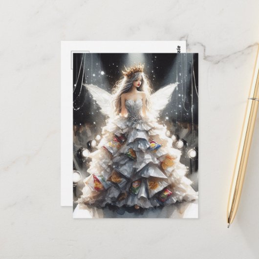 Fee in einem Modekleid aus Chip-Taschen Postkarte (Vorderseite/Rückseite Beispiel)