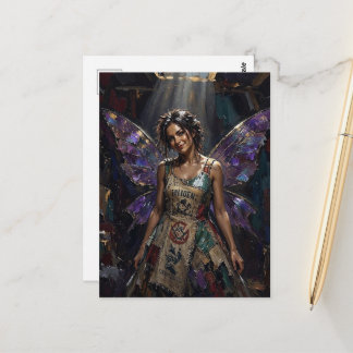 Fee in einem recycelten Kleid aus farbenfrohen bed Postkarte