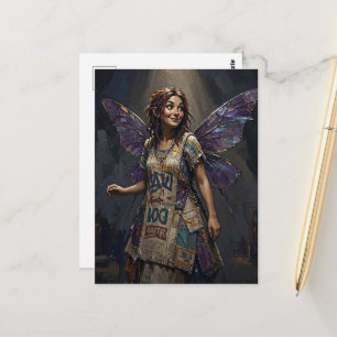 Fee in einem recycelten Kleid aus farbenfrohen bed Postkarte