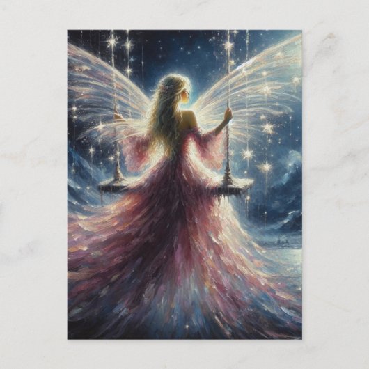 Fee in einem rosa Kleid auf einer Schaukel Postkarte (Vorderseite)