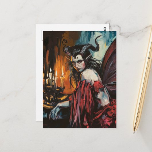 Fee in einem roten Kleid Dark Fantasy Postkarte (Vorderseite/Rückseite Beispiel)