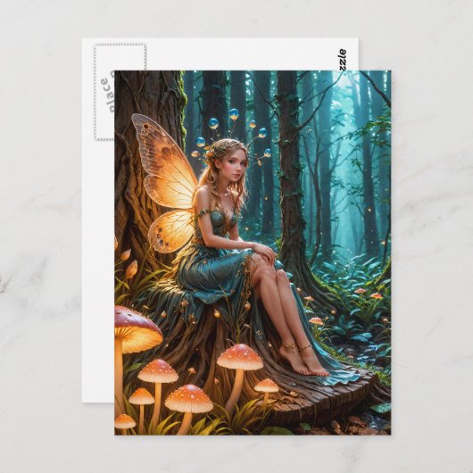 Fee in einem zauberhaft glühenden Pilzwald Postkarte (Vorne/Hinten)