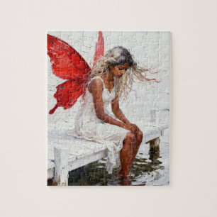 Fee sitzt auf einem Dock mit den Füßen im Wasser Puzzle
